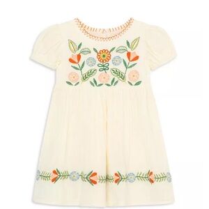 Peek Baby Girl Cream Dress Colorful Folk Floral Embroidery Size 6-12M